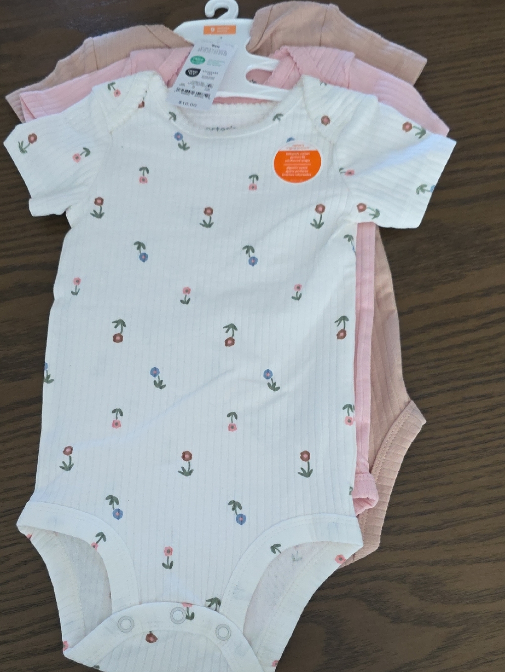 Carter's White Floral Short-Sleeve One-Piece with Pink and Tan Accents